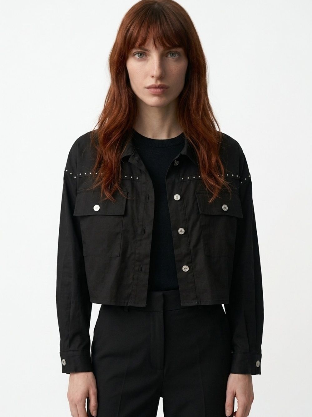 ROMWE | Black Studded Cropped Jacket Button Front Women’s Size Small